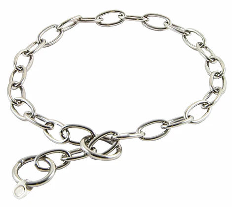 Collare strozzo in acciaio inox con catena a maglia ovalina, robusto e resistente, ideale per cani di taglia grande.