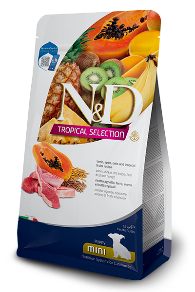 Crocchette per cuccioli di agnello, farro, avena e frutti tropicali, marca AgriaPPIA, vista frontale a destra.