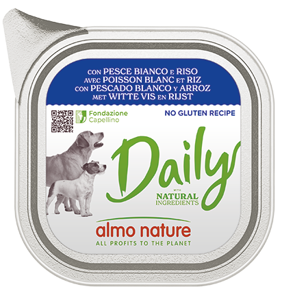 Lattina di cibo per cani Almo Nature Daily Cane da 100g di AGRIAPPIA, con etichetta e dettagli sul prodotto.