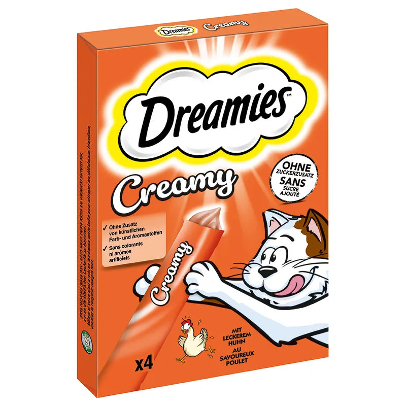 Snack per gatti Catisfactions Dreamies Creamy Pollo di AGRIAPPIA, crocchette cremose con pollo in confezione da 4x10g