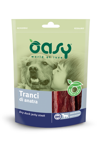 Snack Oasy in busta da 100g di AGRIAPPIA, tranci di anatra essiccati, ideale come premio o spuntino naturale.