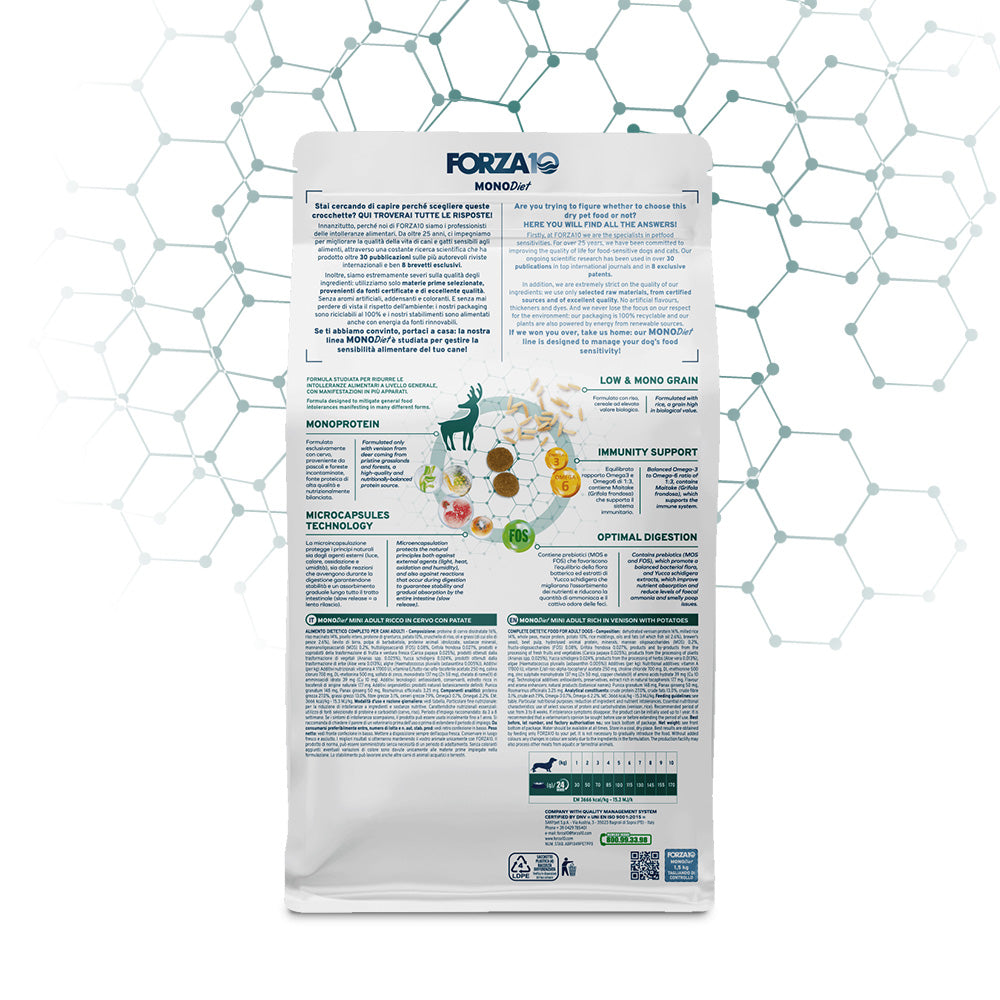 Forza10 Mini Adult Sensitive – Alimento Dietetico Cervo con Patate per Cani 1-10 kg