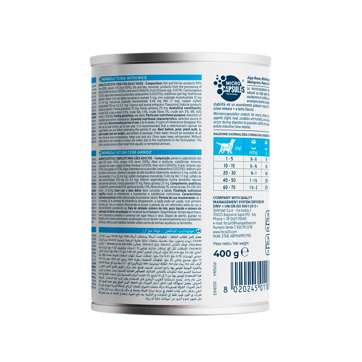 Forza10 Adult Sensitive – Alimento Dietetico Umido Tonno con Riso per Cani 400g