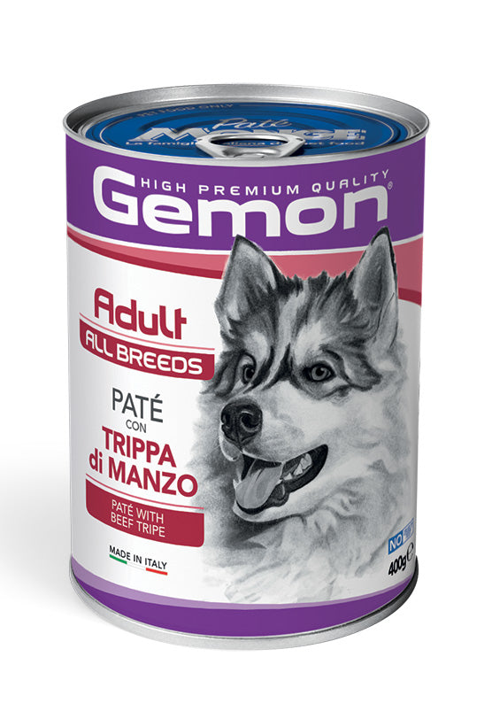 Paté Gemon All Breeds Adult con Trippa di Manzo, cibo umido per cani, in confezione da 400g, marca AGRIAPPIA.