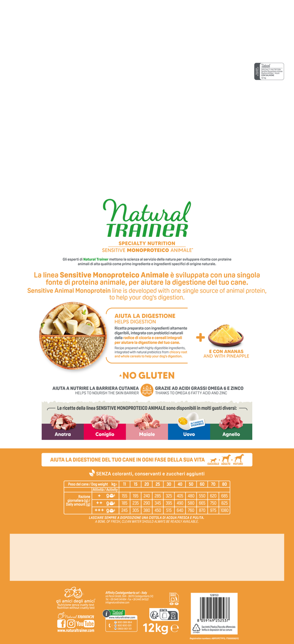 Crocchette per cani Natural Trainer AGRIAPPIA, monoproteico con salmone e cereali integrali, senza glutine per adulti sensibili.