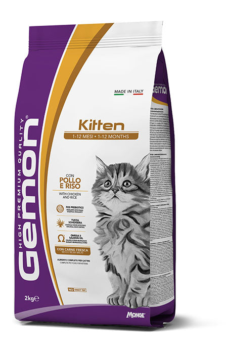 Crocchette AGRIAPPIA Gemon Kitten con Pollo e Riso, sacchetto da 2kg, con crocchette per gattini.