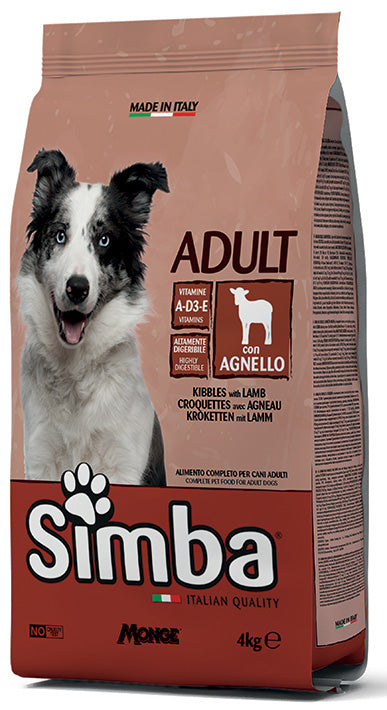 MONGE Simba Crocchette per Cane Adulto con Agnello – Alimento Completo, 4Kg