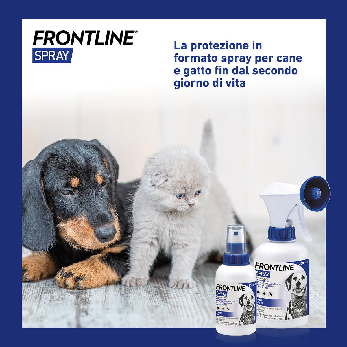 Spray Frontline® AGRIAPPIA per la prevenzione dei parassiti su animali, mostrato in un contesto di cura e benessere.