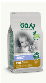 Crocchette per gatti adulti Oasy di AgriAppia al gusto di maiale, con ingredienti naturali e ricchi di nutrienti.