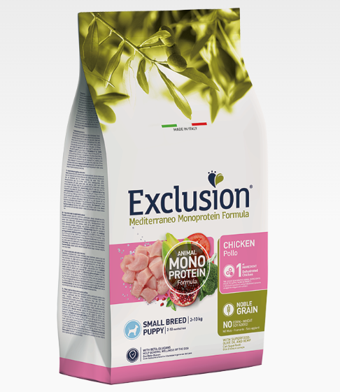 Crocchette per cani di piccola taglia EXCLUSION NOBLE GRAIN PUPPY CHICKEN di AGRIAPPIA, confezione con crocchette visibile
