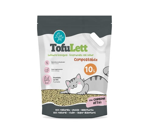 Lettiere agglomerante al tofu LeoPet TOFULETT! di AGRIAPPIA, con pellet di tofu e superficie assorbente.