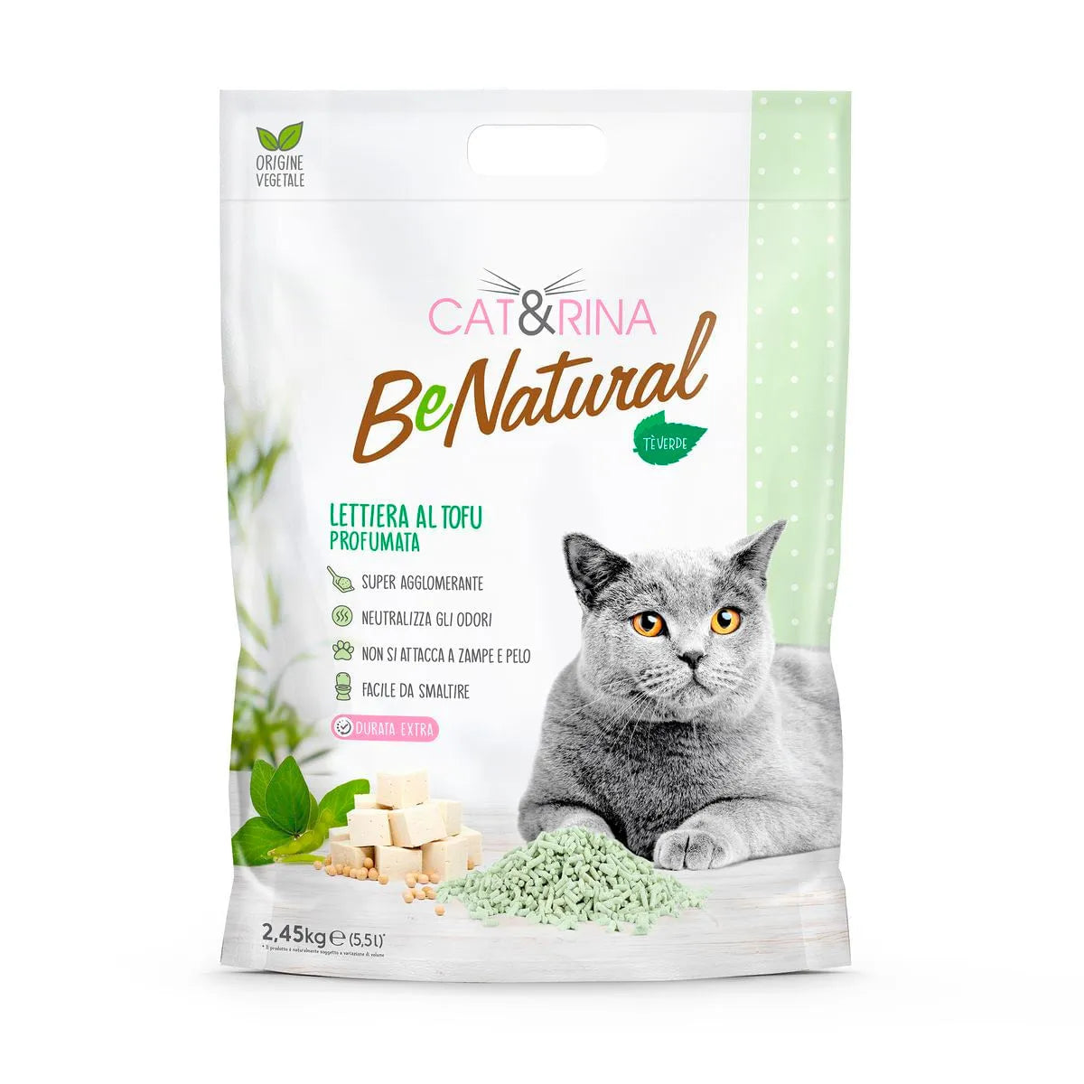 Cat&Rina Be Natural Lettiera al Tofu Tè Verde – Lettiera Vegetale Profumata per Gatti 5,5 lt