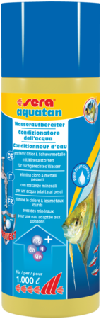 Sera Aquatan di Agriappia, prodotto liquido per l'acquacoltura, in bottiglia con etichetta blu e bianca.