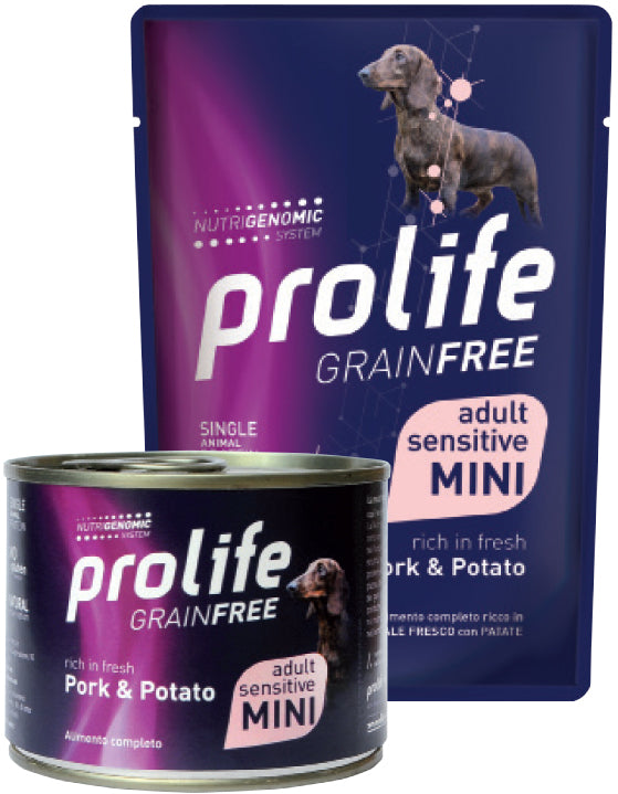 Crocchette per cani Prolife Cane Grainfree AGRIAPPIA con carne di maiale, mini dimensioni, senza cereali, in confezione aperta