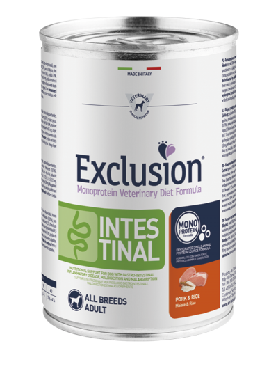 Polvere di mangime veternario Exclusion Monoprotein Intestinal AGRIAPPIA, confezione da 400 g, con etichetta e dettagli del prodotto