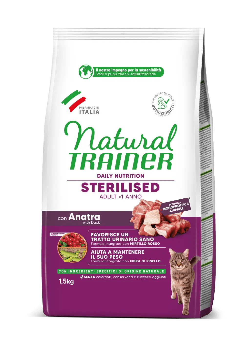 Alimento per adulti sterilizzati AgriaPpia, formula monoproteica con carne di anatra, confezione grande, prodotto per animali domestici.