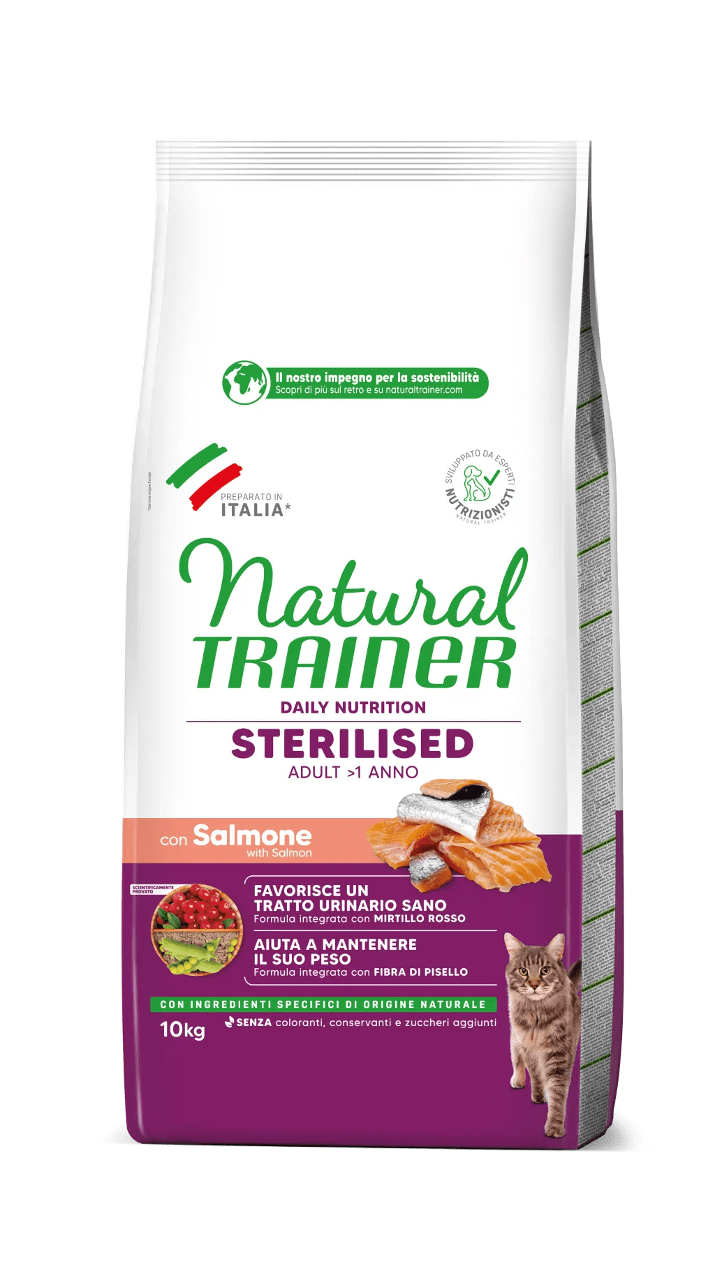 Alimento per gatti AGRIAPPIA DAILY NUTRITION Sterilized con salmone, ciotola con crocchette per adulti sterilizzati.