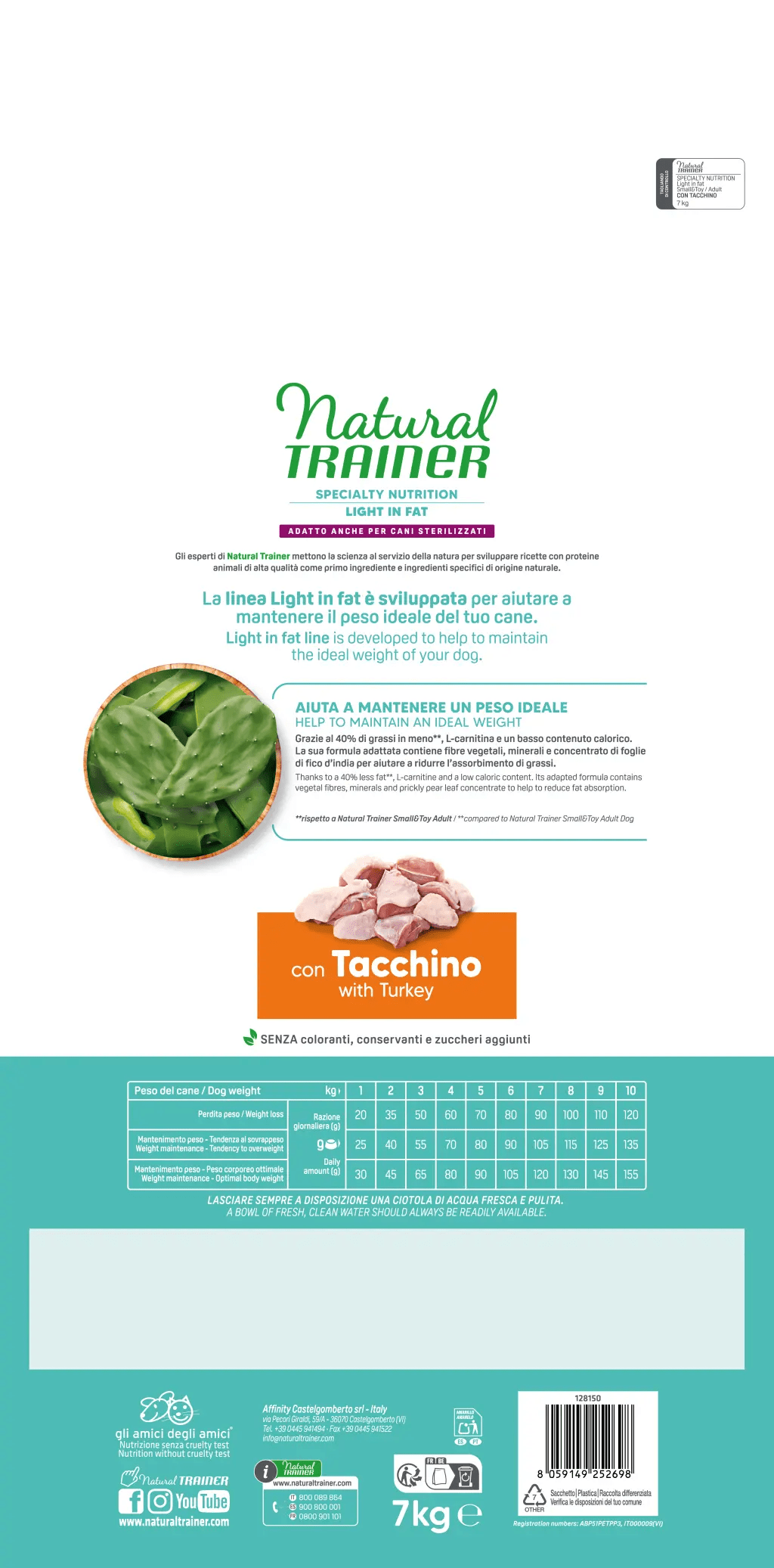 Crocchette per cani adulti AGRIAPPIA Natural Trainer LIGHT IN FAT con tacchino, piccole dimensioni, alimentazione speciale.