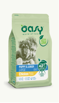 Crocchette Oasy Puppy & Junior Large Pollo, cibo per cani AGRIAPPIA, confezione da 3 kg, sacco grande con crocchette di pollo