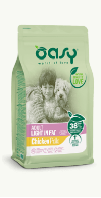 Cibo per cani Oasy Adult Light In Fat Pollo AGRIAPPIA, confezione da 3kg, con pollo e formula leggera per cani adulti.