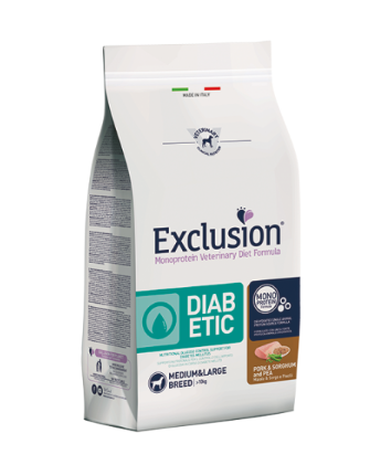 Cibo per cani EXCLUSION MONOPROTEIN VET DIET DIABETIC con carne di maiale, sorgo e piselli per cani di taglia media e grande.