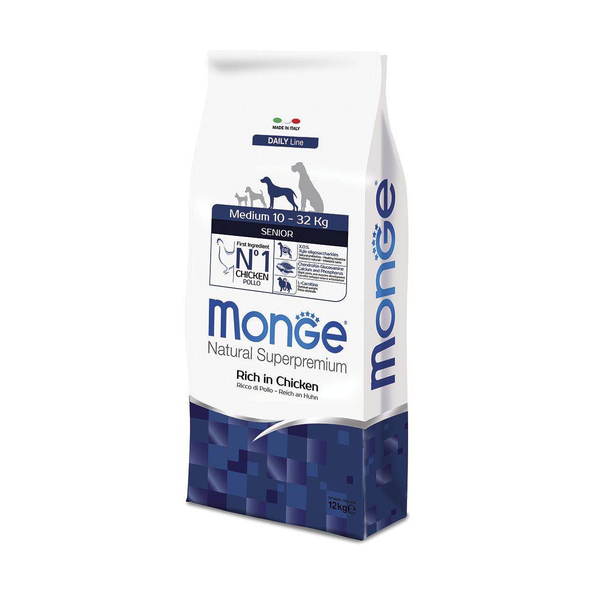 Crocchette per cani Monge Natural Superpremium Medium Senior Ricco in Pollo, confezione da 12 kg, con alimenti naturali e ricchi di pollo