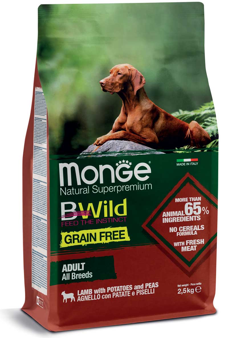 Crocchette Monge Natural SuperPremium senza cereali per cani adulti, con agnello, patate e piselli, prodotto AGRIAPPIA