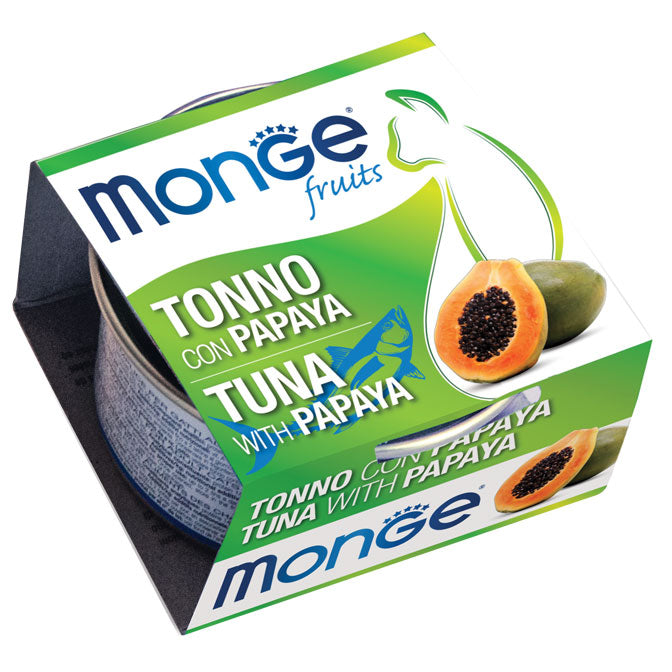 Cibo umido Monge Fruits per gatti da 80 g con tonno e papaya, prodotto AGRIAPPIA, in scatola con frutta e tonno.