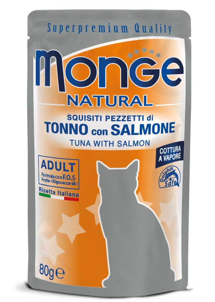 Scatola di cibo umido Monge Natural Pezzetti per gatti con salmone in confezione da 80g, prodotto di AGRIAPPIA.