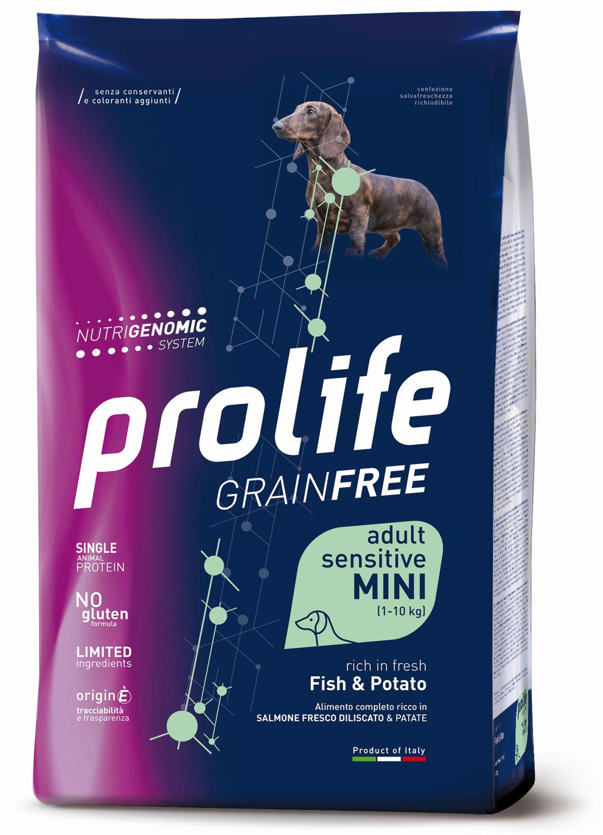 Crocchette senza cereali Prolife Cane di AGRIAPPIA, alimento per cani, visibile in primo piano con sacco di cibo per animali