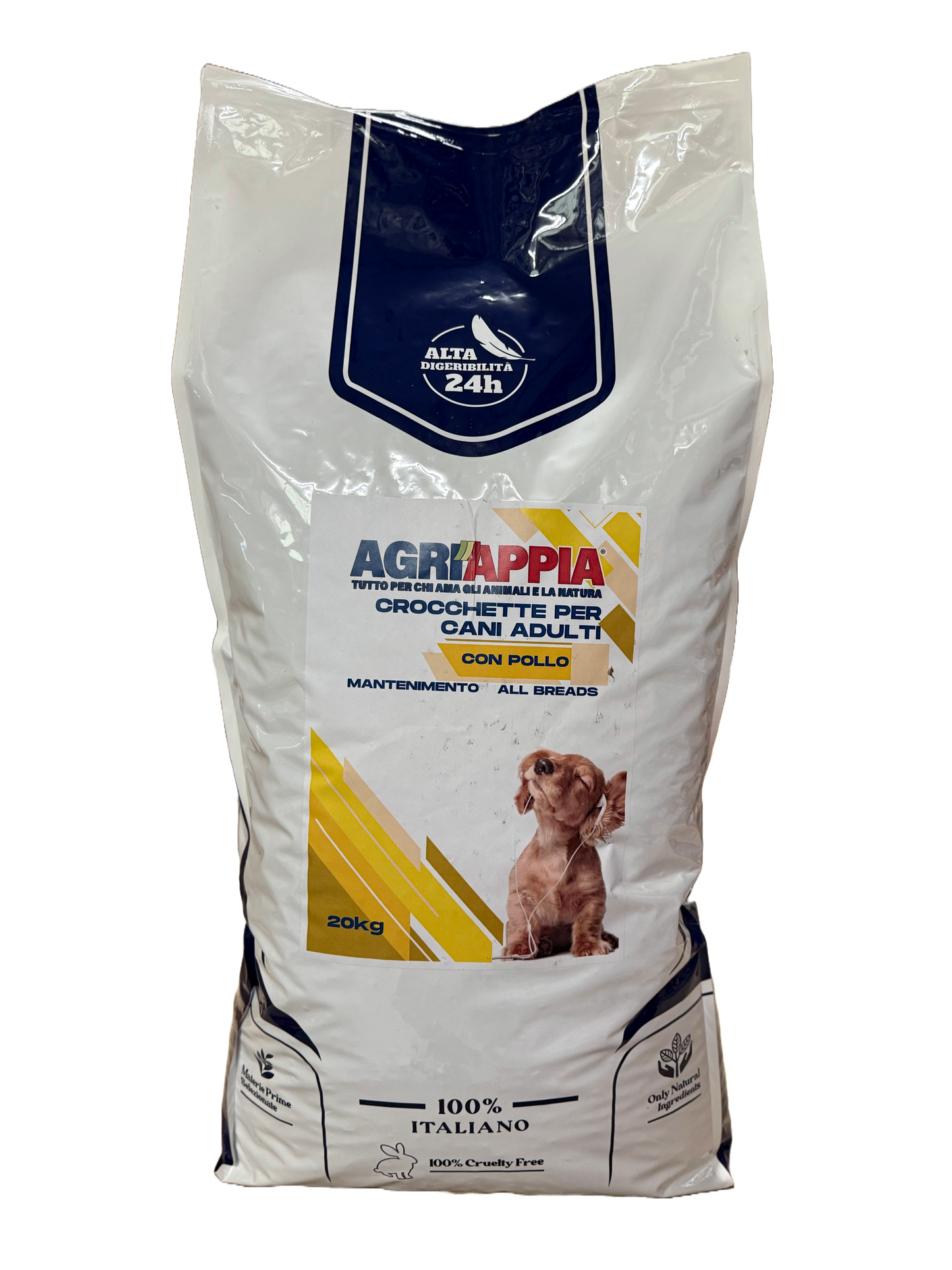 Crocchette Agriappia Mantenimento con pollo per cani, sacco da 20kg, imballaggio con crocchette di pollo visibili.