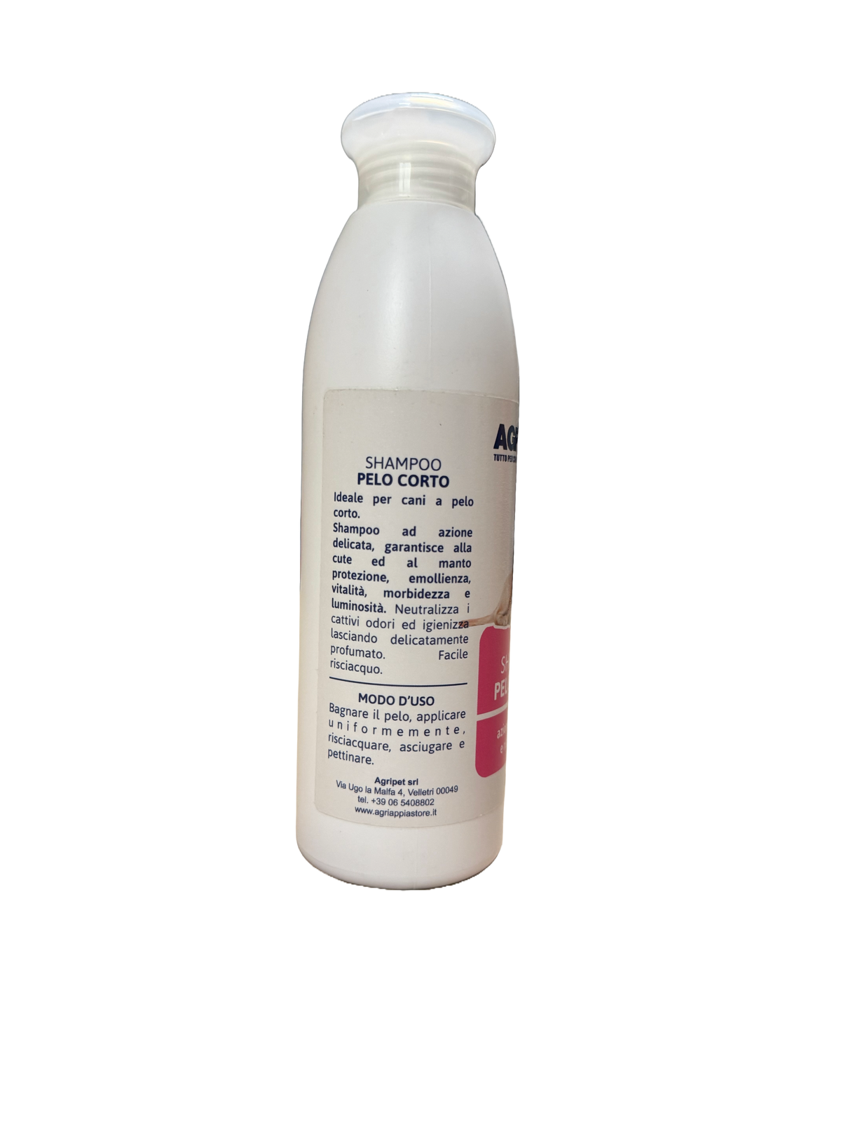 Shampoo Agriappia per pelo corto, bottiglia da 250ml, con etichetta rosa e dettagli del prodotto.