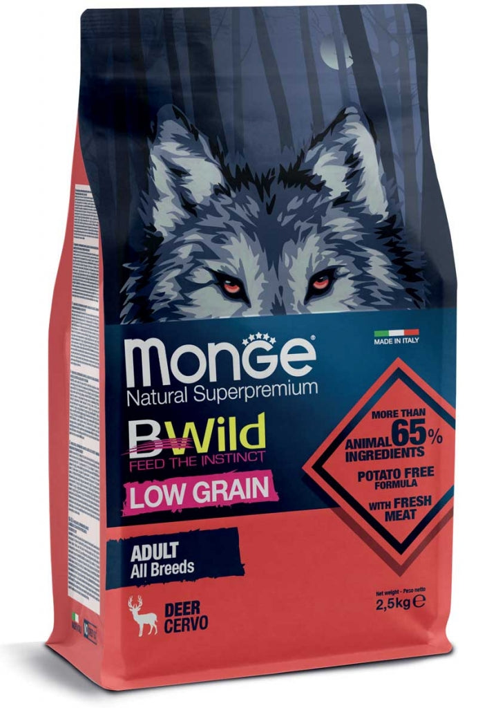 Crocchette Monge Bwild Low Grain per cani adulti di tutte le razze con carne di cervo, imballo con sacco di cibo per cani AGRIAPPIA