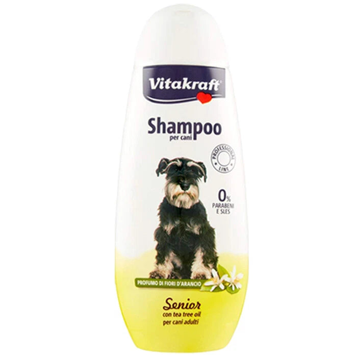Shampoo senior per cani AGRIAPPIA, detergente delicato con formula specifica per cani anziani, visibile in bottiglia con etichetta.
