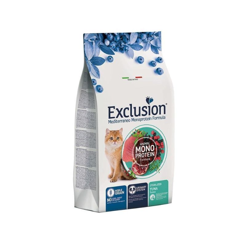 Cibo per gatti AGRIAPPIA EXCLUSION MEDITERRANEO NOBLE GRAIN con tonno, alimento sterilizzato per gatti, immagini della confezione