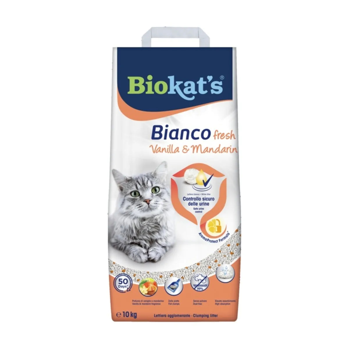Lettiera agglomerante Biokat’s Bianco Fresh Vaniglia e Mandarino, con granuli profumati, ideale per gatti e ambiente pulito.