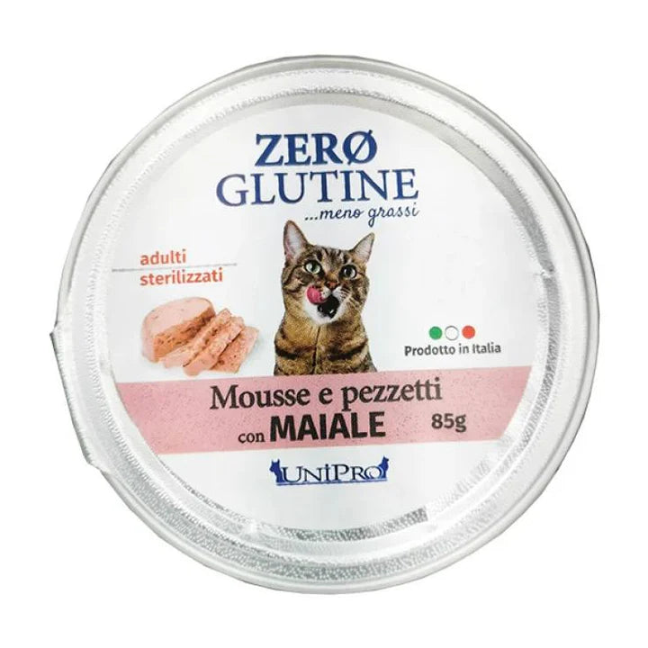 Crocchette per gatti adulti senza glutine con pezzi di maiale, marca AGRIAPPIA, in confezione con morsi e pezzetti.