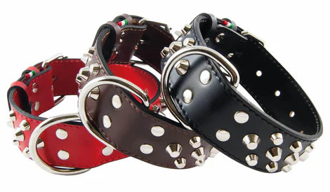 Collare pesante con borchie in pelle nero, prodotto AGRIAPPIA, dettagli metallici robusti e stile deciso per cani o animali.