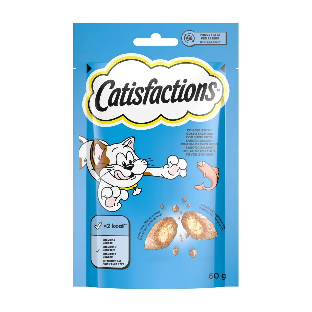 Snack per gatto Catisfactions AGRIAPPIA con salmone, croccantini appetitosi e ricchi di sapore, visibili nella confezione.