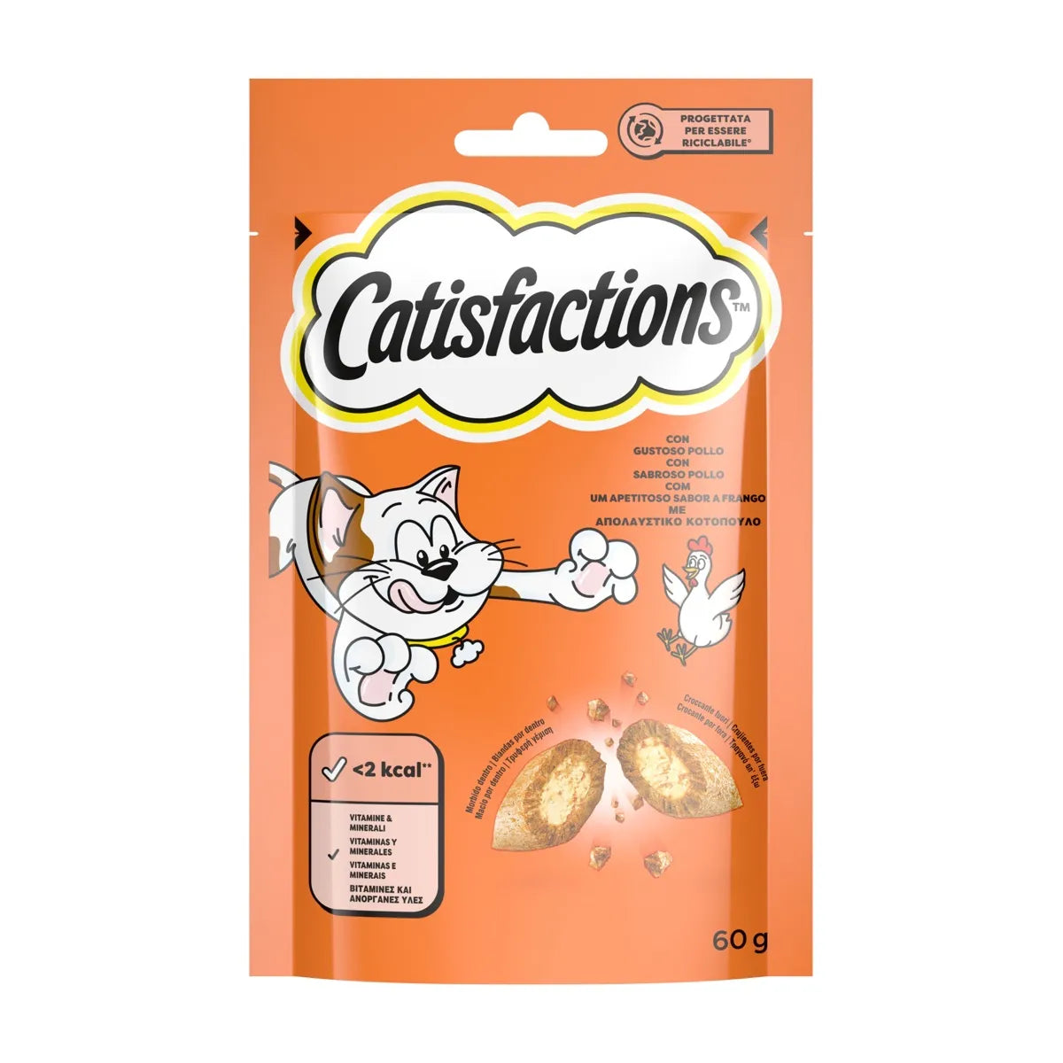 Snack per gatto Catisfactions con pollo di AGRIAPPIA, croccantini gustosi e nutrienti, visibili nella confezione.