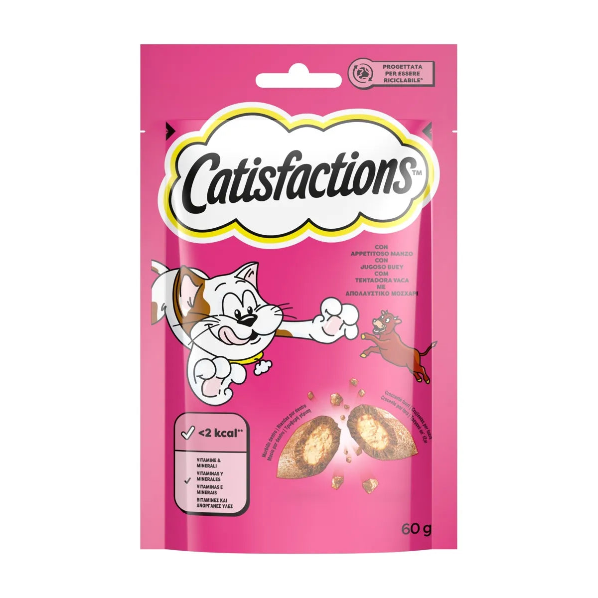 Snack per gatti Catisfactions con manzo di AGRIAPPIA, croccantini gustosi e appetitosi per il felino.