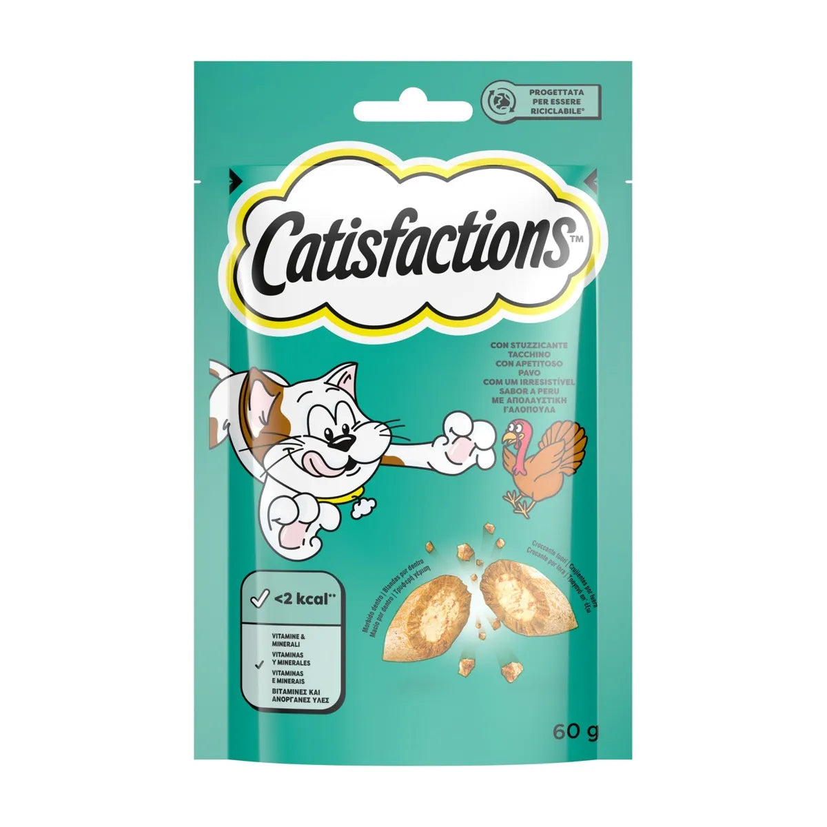 Snack per gatto Catisfactions con tacchino di AGRIAPPIA, croccantini gustosi e nutrienti per il benessere felino.