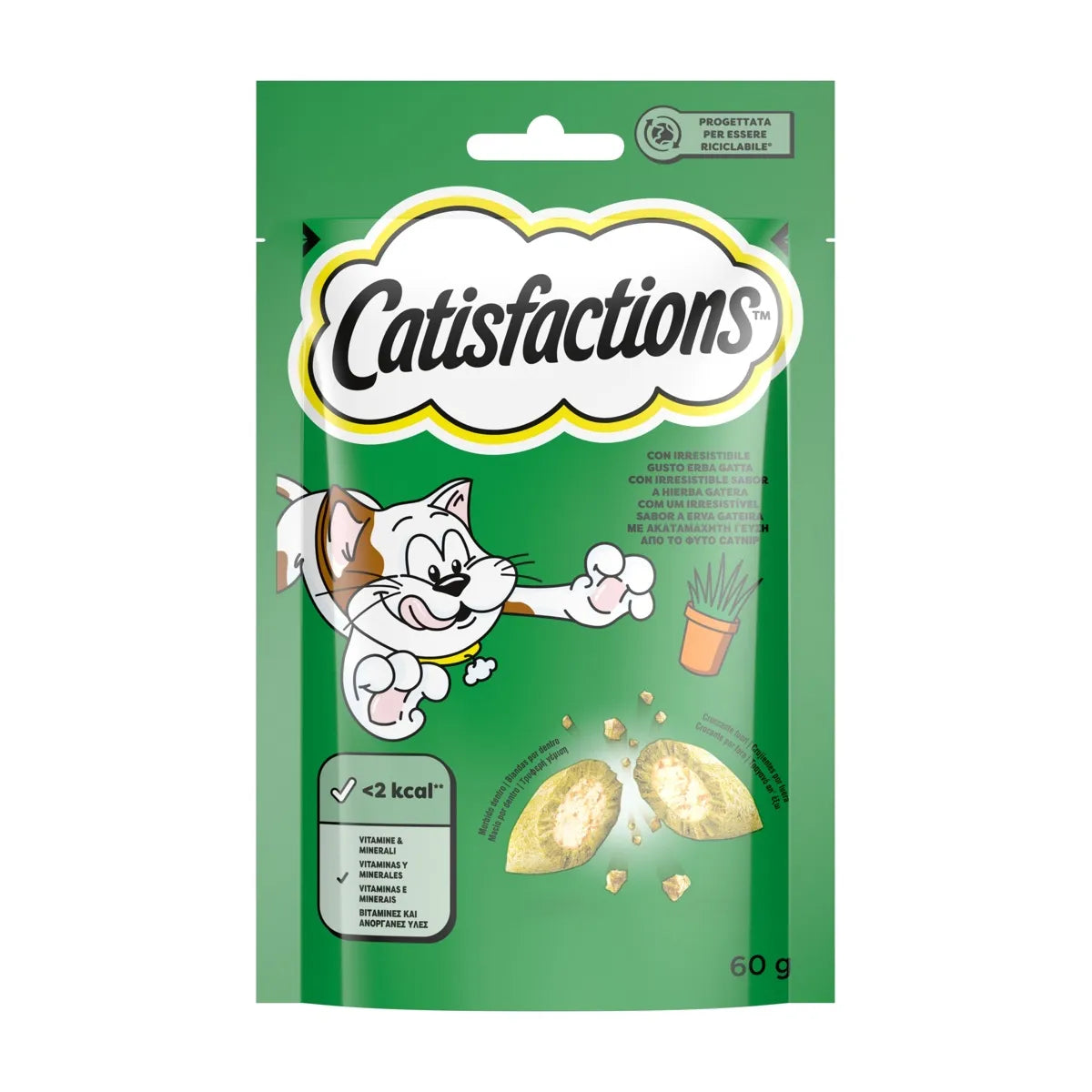 Snack per gatti Catisfactions con erba gatta di AGRIAPPIA, morbido e aromatico, visibile in una confezione allegra e colorata.