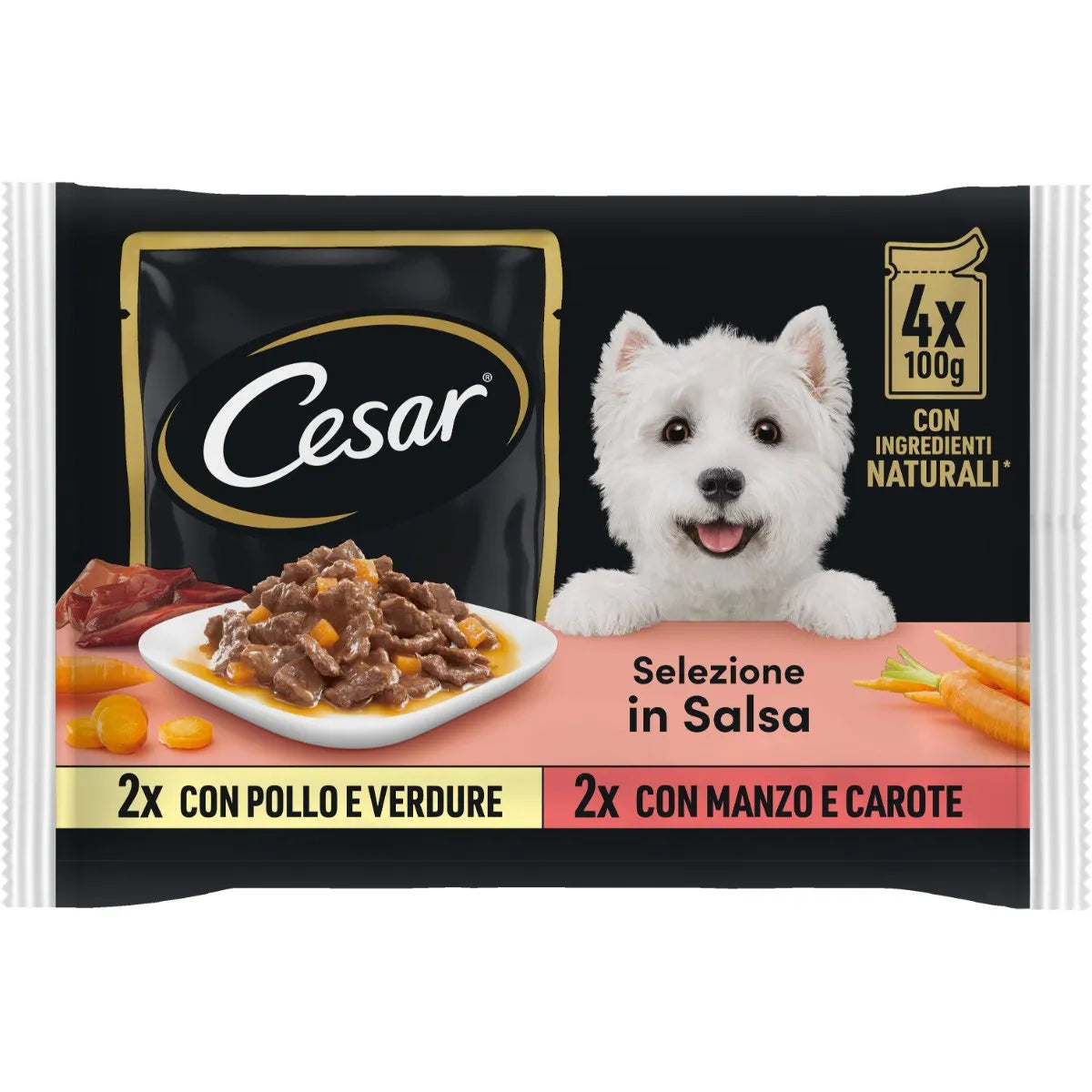 Busta di cibo umido per cani Cesar in salsa, multipack da 4x100g, prodotto dall'azienda AGRIAPPIA, vista in immagine.