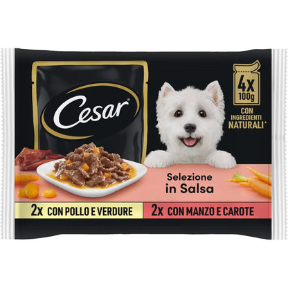 Busta di cibo umido per cani Cesar in salsa, multipack da 4x100g, prodotto dall'azienda AGRIAPPIA, vista in immagine.