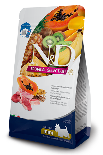 Crocchette per cani adult mini Farmina agnello, farro, avena e frutti tropicali, immagine frontale e laterale.