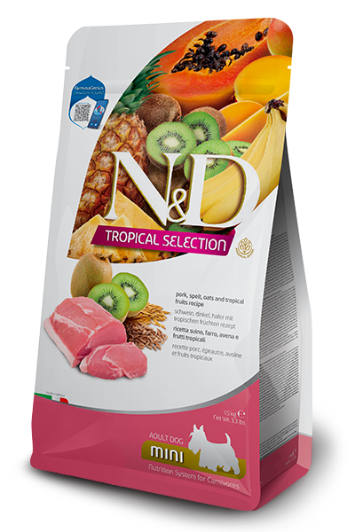 Crocchette per cani adulti AGRIAPPIA Ricetta suino, farro, avena e frutti tropicali, vista frontale e laterale, confezione da 1,5 kg