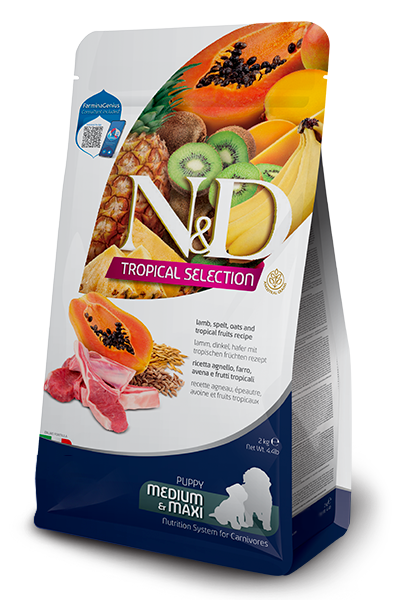 Cibo per cuccioli Farmina Ricetta agnello, farro, avena e frutti tropicali, confezione da 2 kg, vista frontale destra.