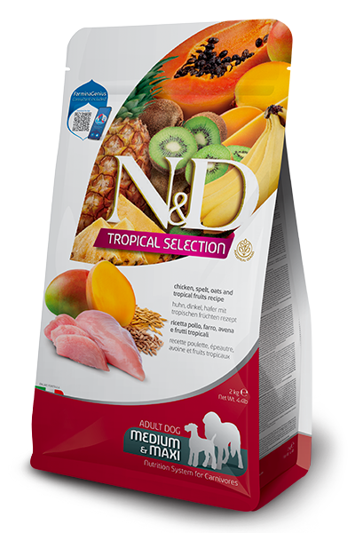 Crocchette per cani adulti AGRIAPPIA con pollo, farro, avena e frutti tropicali, confezione da 2kg, vista frontale e destra
