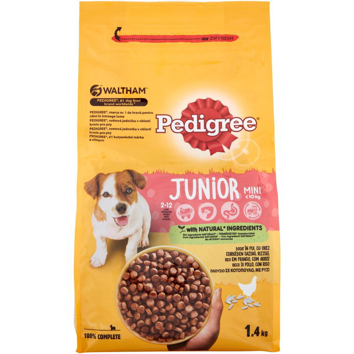 Crocchette per cani Mini Junior Ricco di Pollo e Riso di AGRIAPPIA, confezione da 1,4 kg, con crocchette visibili in primo piano.